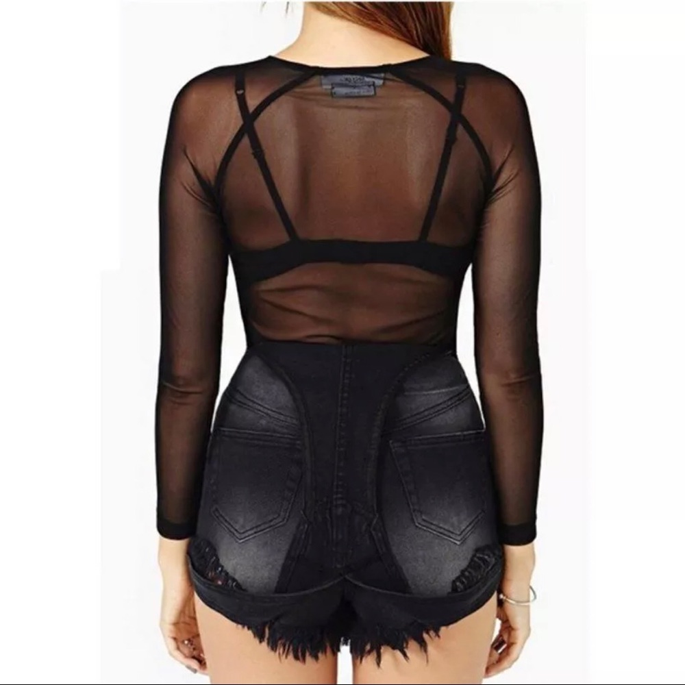 NEW Black Sheer Mesh Silky Soft Long Sleeve Top Lg - Picture 2 of 4
